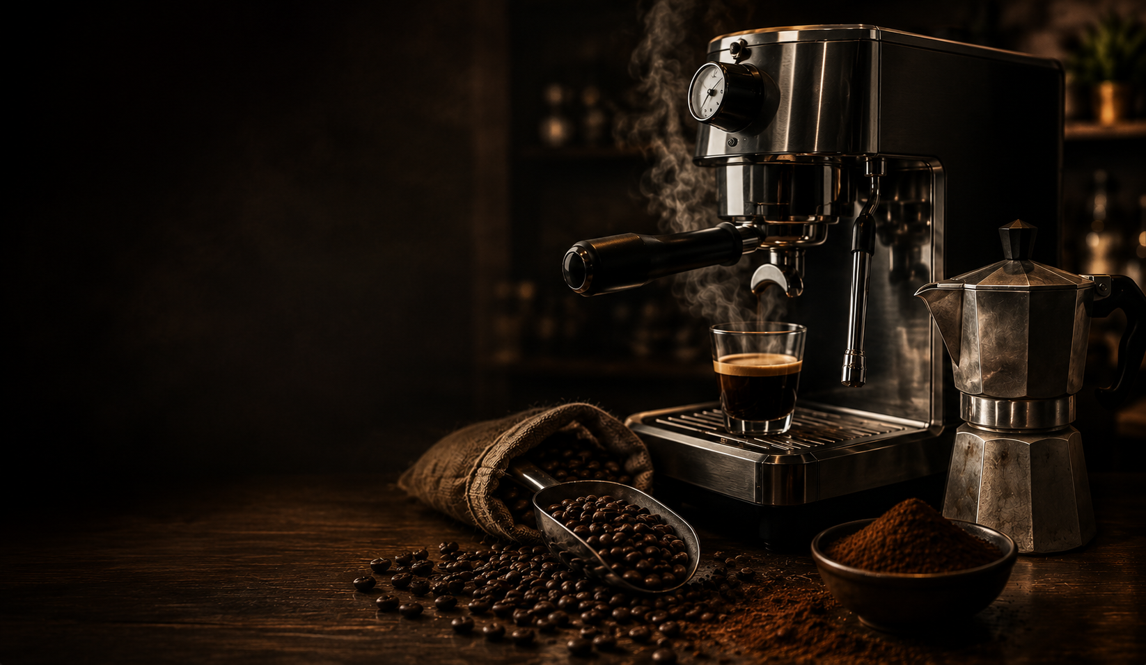 Espresso machine, coffee beans and freshly ground coffee